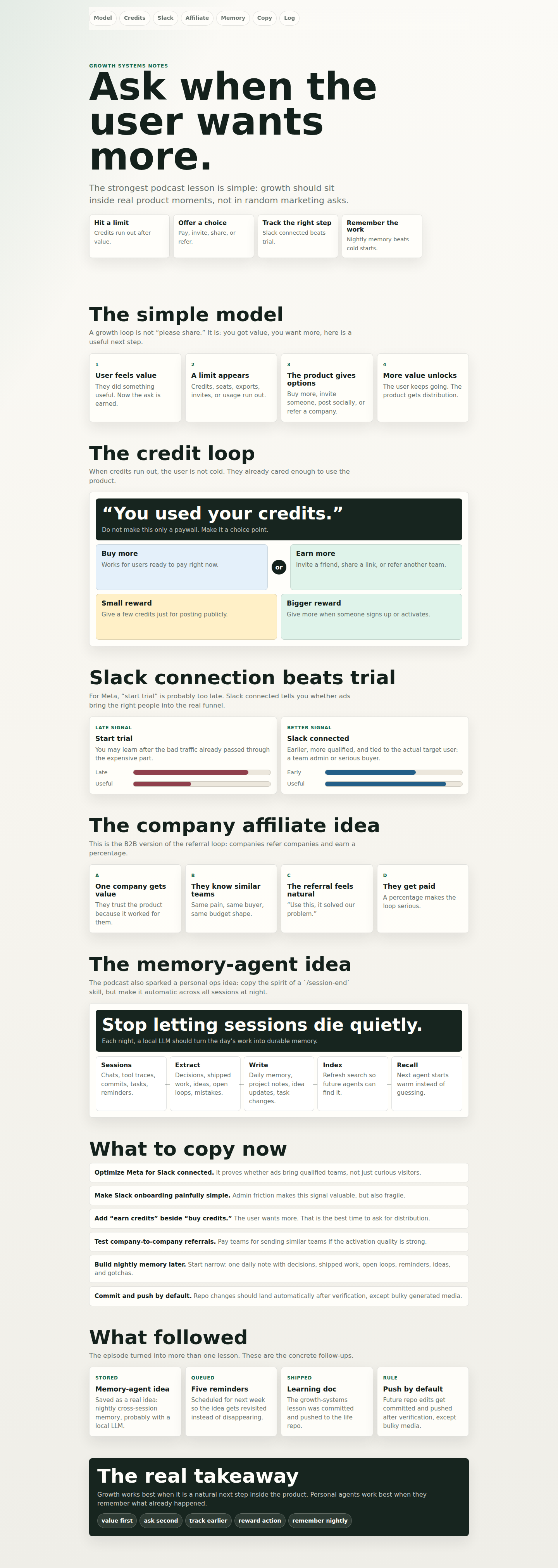 Reference page with growth loop notes and cards.