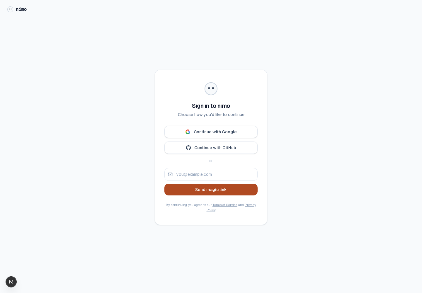 Current nimo sign-in screen.