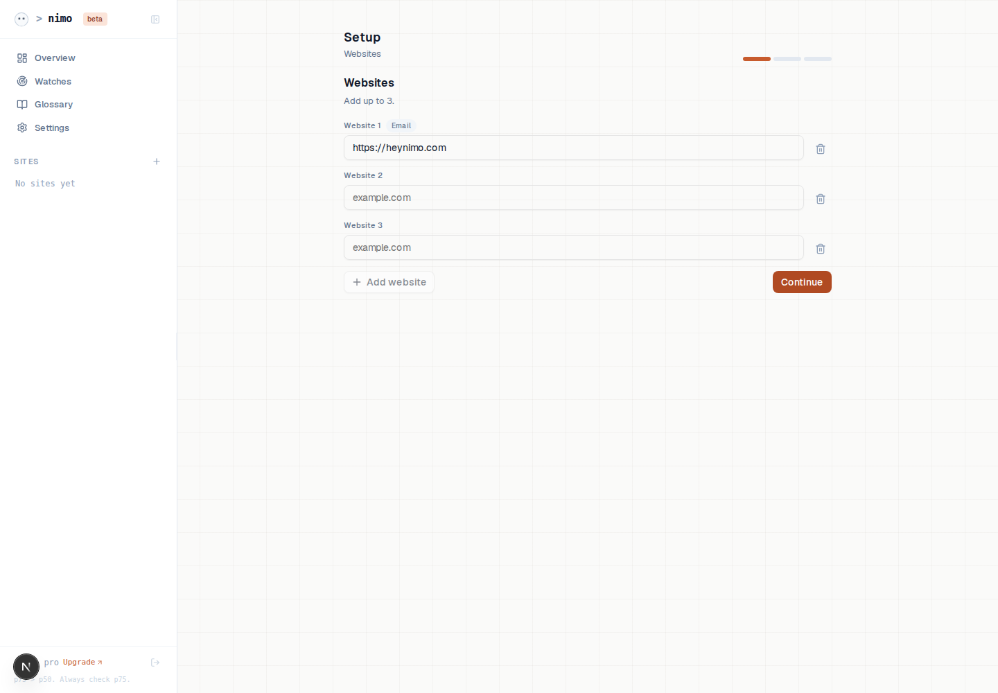 Website entry step in onboarding.