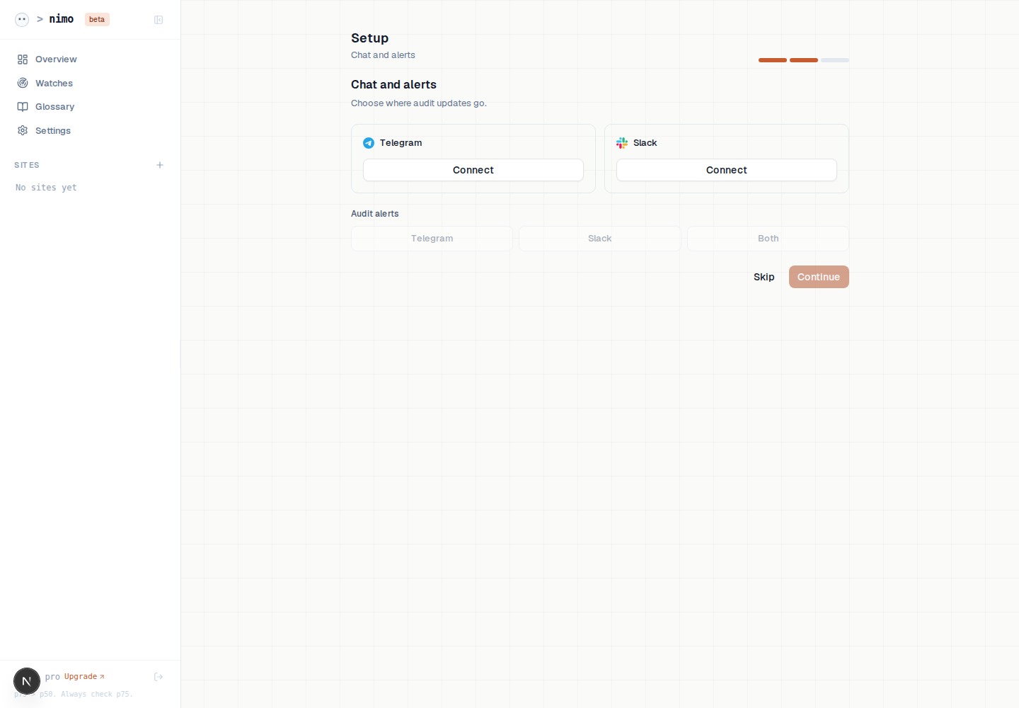 Chat and alerts step with Telegram and Slack connection buttons.